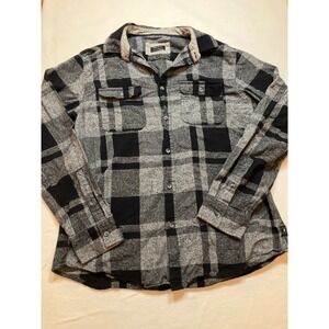 Ocean Current L Plaid Flannel‎ Shirt Button Up Long Sleeve Casual Gray Black